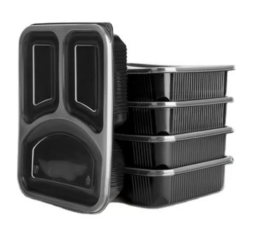 3 compartiments contenant des contenants alimentaires jetables
